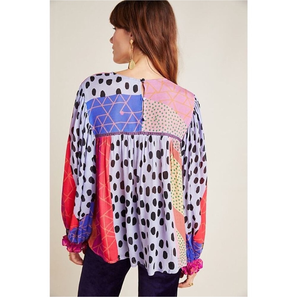 Printed Mixed-Color Blouson Sleeve Blouse - Picture 2 of 6